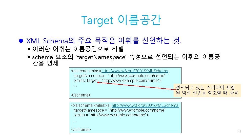 Target 이름공간 l XML Schema의 주요 목적은 어휘를 선언하는 것. § 이러한 어휘는 이름공간으로