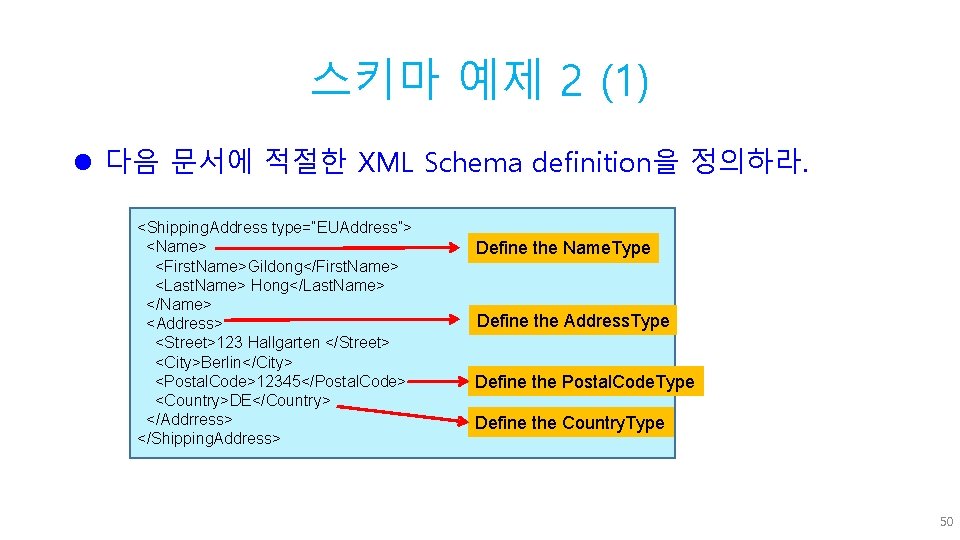 스키마 예제 2 (1) l 다음 문서에 적절한 XML Schema definition을 정의하라. 50 <Shipping.