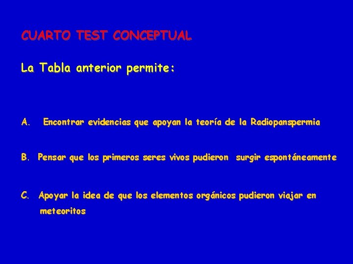 CUARTO TEST CONCEPTUAL La Tabla anterior permite: A. Encontrar evidencias que apoyan la teoría