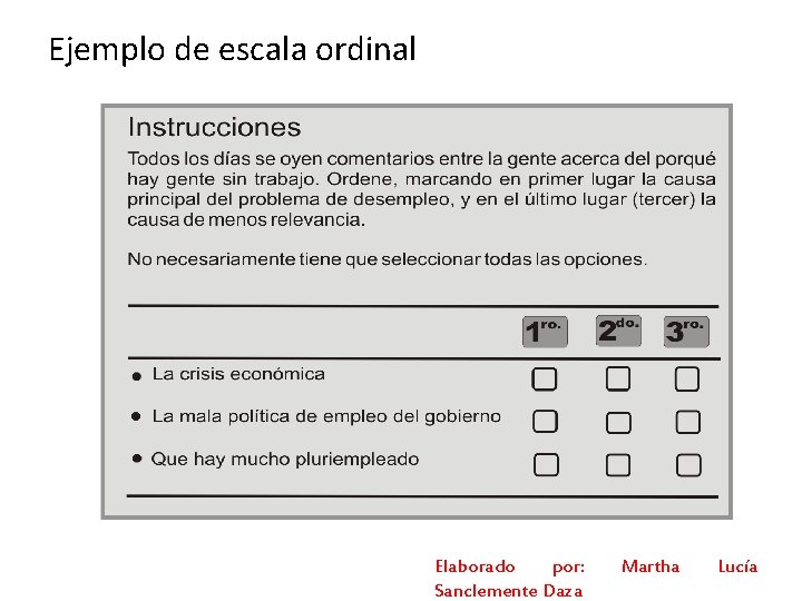 Ejemplo de escala ordinal Elaborado por: Sanclemente Daza Martha Lucía 