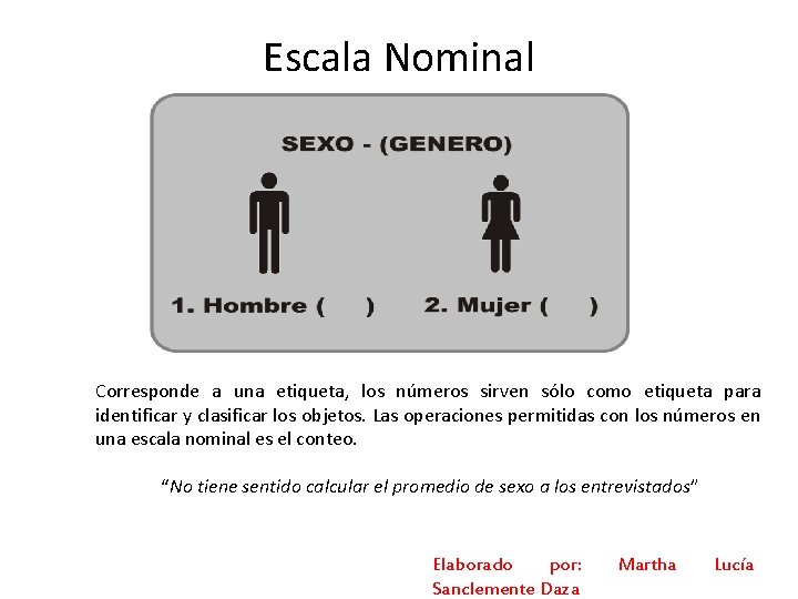 Escala Nominal Corresponde a una etiqueta, los números sirven sólo como etiqueta para identificar