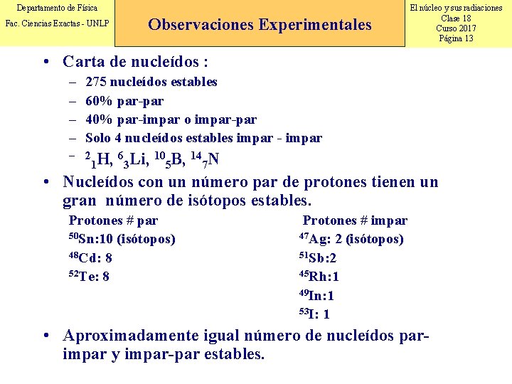 Departamento de Física Fac. Ciencias Exactas - UNLP Observaciones Experimentales El núcleo y sus