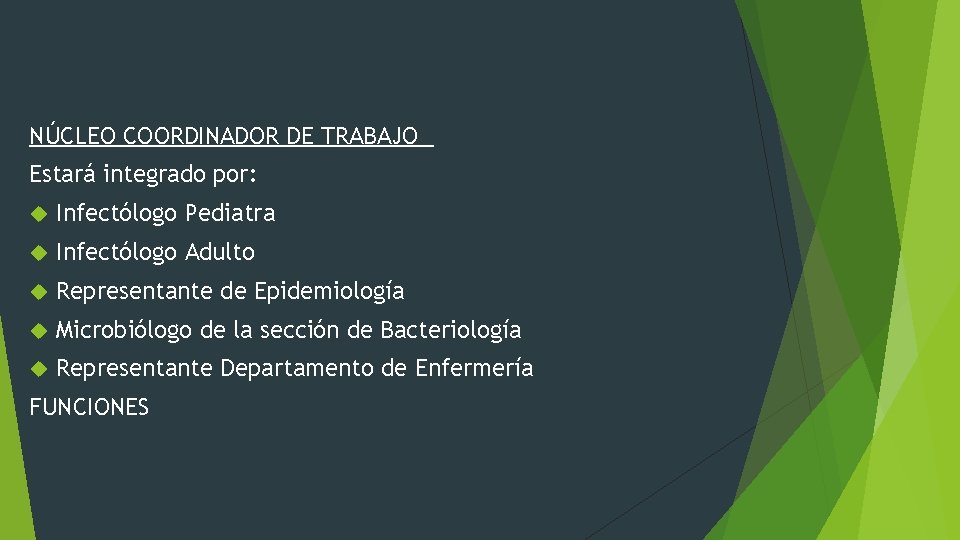 NÚCLEO COORDINADOR DE TRABAJO Estará integrado por: Infectólogo Pediatra Infectólogo Adulto Representante de Epidemiología