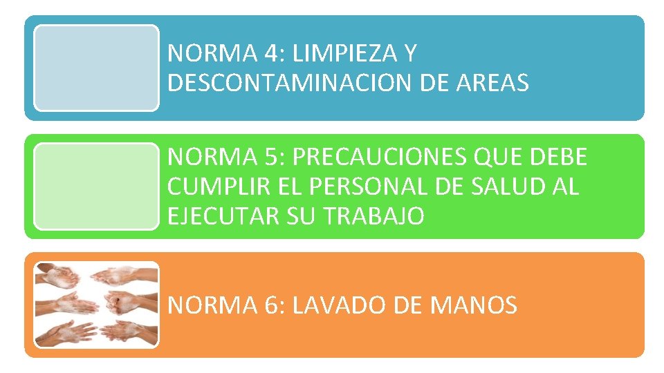 NORMA 4: LIMPIEZA Y DESCONTAMINACION DE AREAS NORMA 5: PRECAUCIONES QUE DEBE CUMPLIR EL