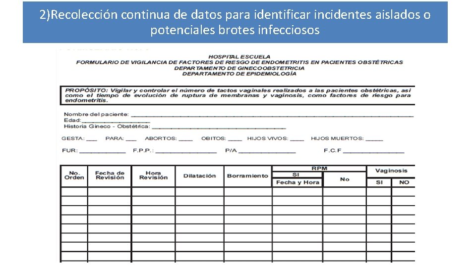 2)Recolección continua de datos para identificar incidentes aislados o potenciales brotes infecciosos 