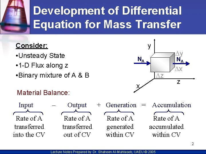 Development of Differential Equation for Mass Transfer Consider: • Unsteady State • 1 -D