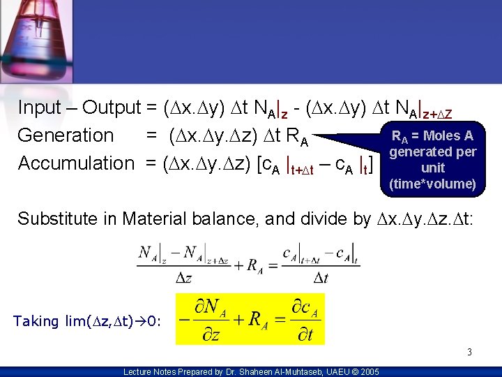 Input – Output = (Dx. Dy) Dt NA|z - (Dx. Dy) Dt NA|z+DZ RA