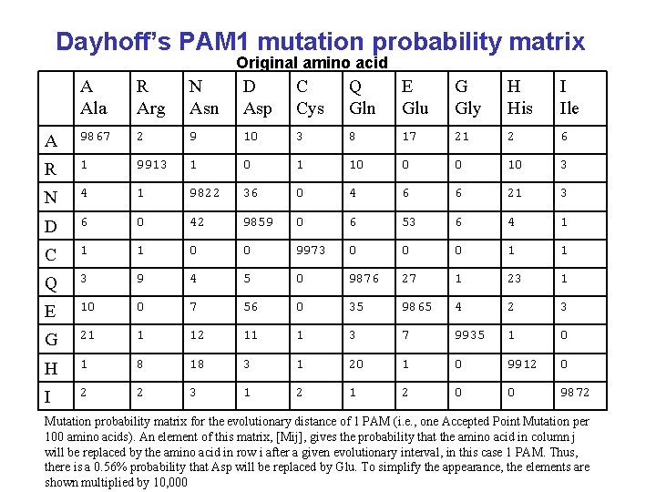 Dayhoff’s PAM 1 mutation probability matrix Original amino acid A Ala R Arg N