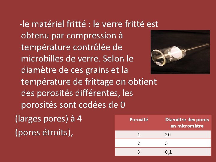  -le matériel fritté : le verre fritté est obtenu par compression à température