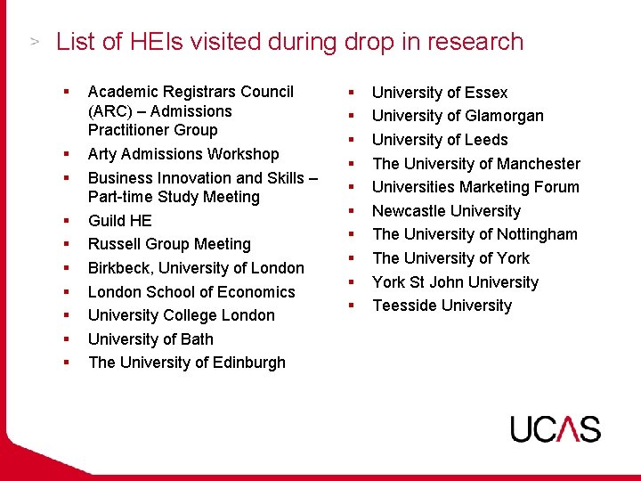 List of HEIs visited during drop in research § § § § § Academic