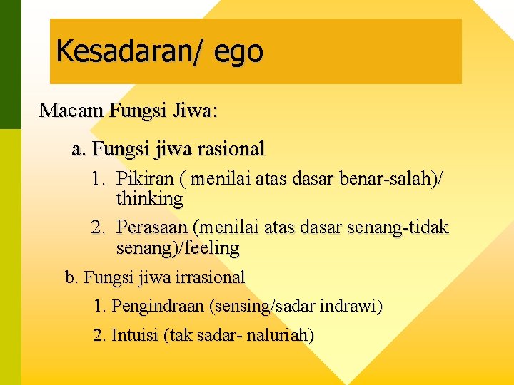 Kesadaran/ ego Macam Fungsi Jiwa: a. Fungsi jiwa rasional 1. Pikiran ( menilai atas