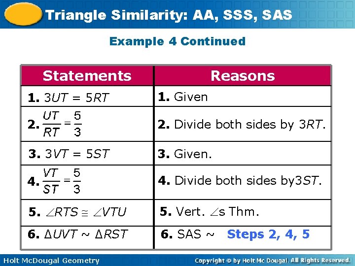 Triangle Similarity: AA, SSS, SAS Example 4 Continued Statements Reasons 1. 3 UT =