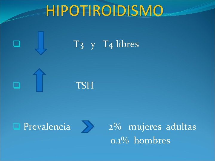 HIPOTIROIDISMO q T 3 y T 4 libres q TSH q Prevalencia 2% mujeres