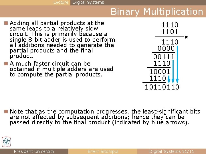 Lecture Digital Systems Binary Multiplication n Adding all partial products at the same leads