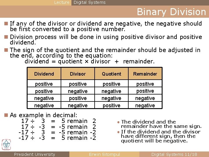 Lecture Digital Systems Binary Division n If any of the divisor or dividend are