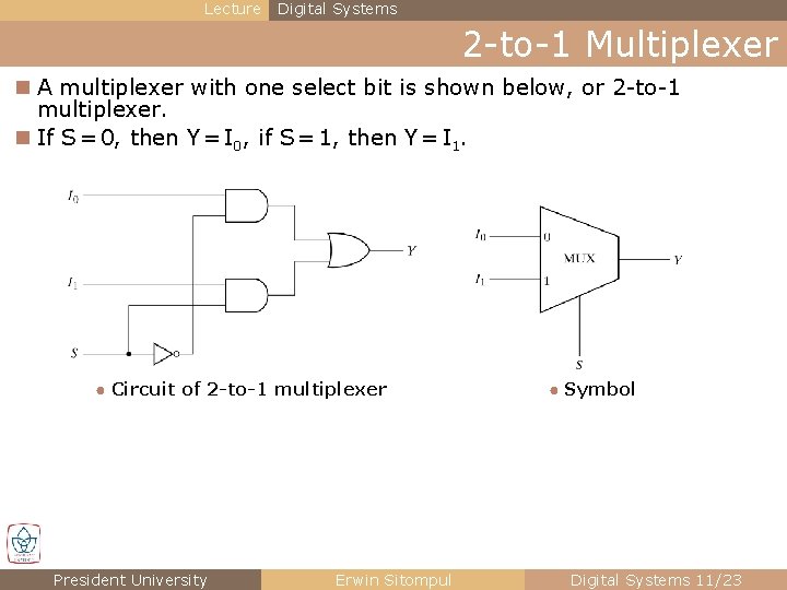 Lecture Digital Systems 2 -to-1 Multiplexer n A multiplexer with one select bit is