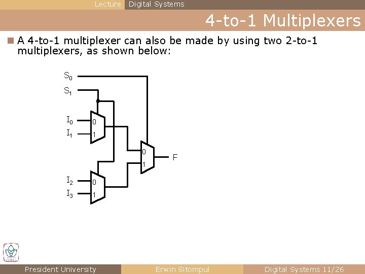 Lecture Digital Systems 4 -to-1 Multiplexers n A 4 -to-1 multiplexer can also be
