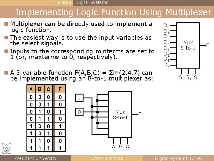 Lecture Digital Systems Implementing Logic Function Using Multiplexer n Multiplexer can be directly used