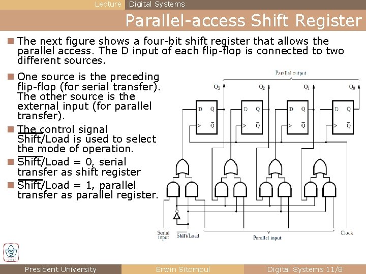 Lecture Digital Systems Parallel-access Shift Register n The next figure shows a four-bit shift