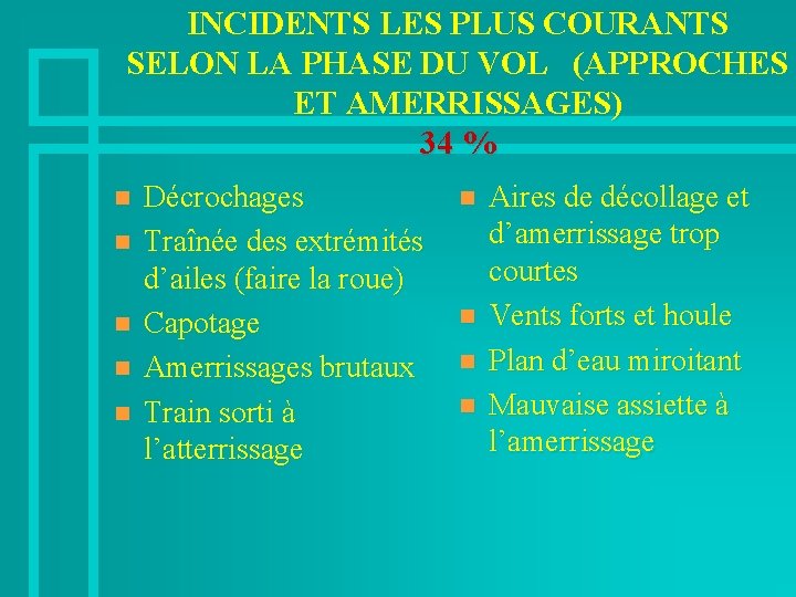 INCIDENTS LES PLUS COURANTS SELON LA PHASE DU VOL (APPROCHES ET AMERRISSAGES) 34 %