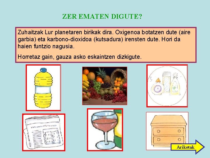 ZER EMATEN DIGUTE? Zuhaitzak Lur planetaren birikak dira. Oxigenoa botatzen dute (aire garbia) eta