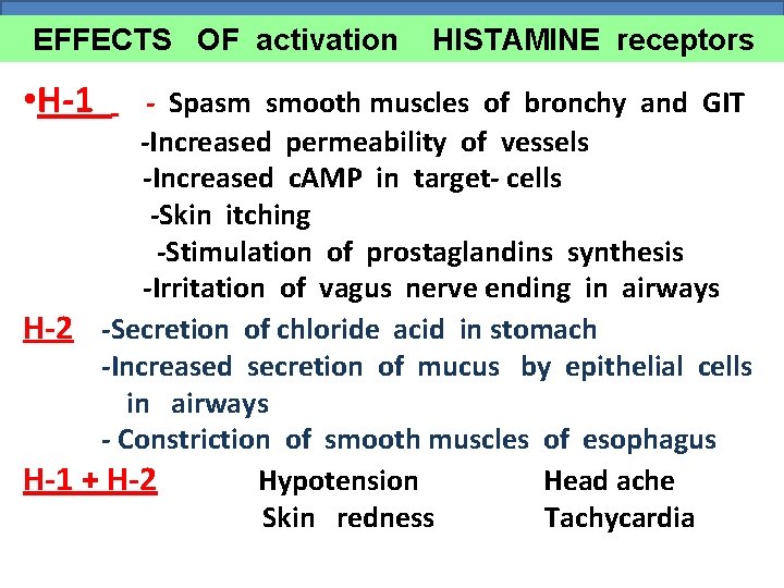 EFFECTS OF activation • Н-1 HISTAMINE receptors - Spasm smooth muscles of bronchy and