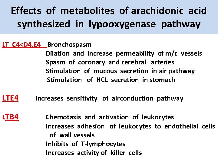 Effects of metabolites of arachidonic acid synthesized in lypooxygenase pathway LT C 4<D 4,