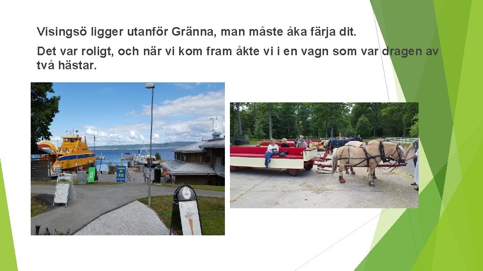 Visingsö ligger utanför Gränna, man måste åka färja dit. Det var roligt, och när