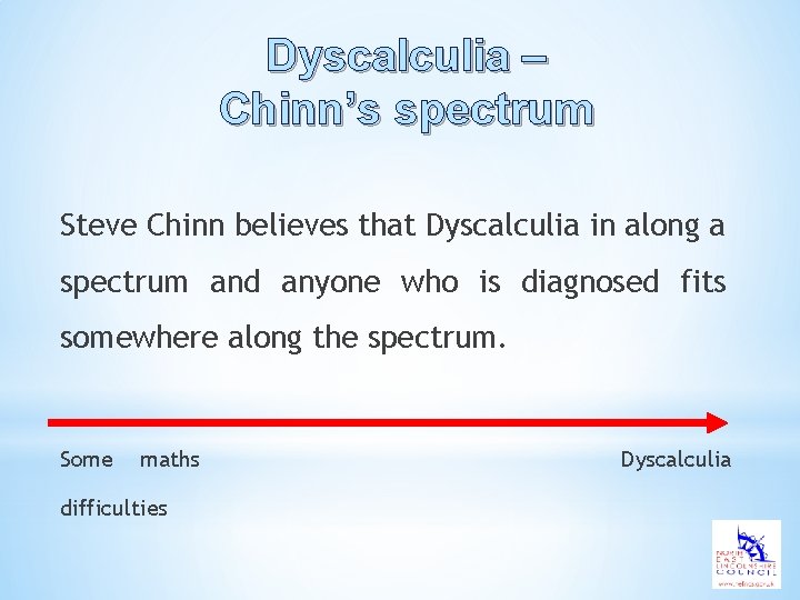 Dyscalculia – Chinn’s spectrum Steve Chinn believes that Dyscalculia in along a spectrum and