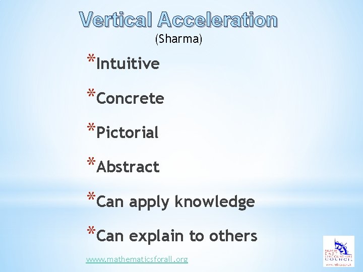 Vertical Acceleration (Sharma) *Intuitive *Concrete *Pictorial *Abstract *Can apply knowledge *Can explain to others