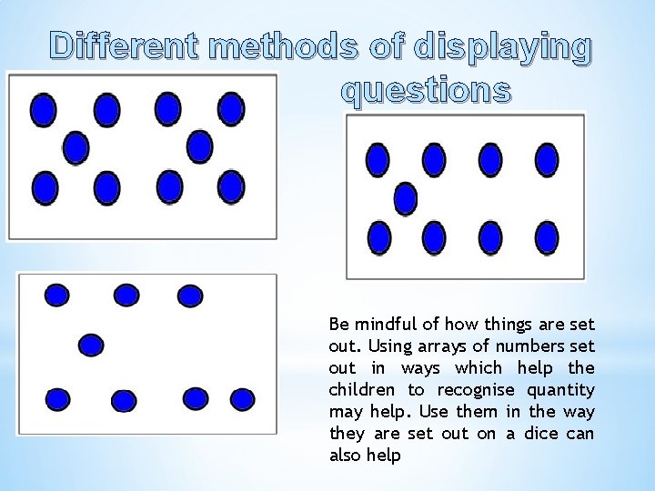 Different methods of displaying questions Be mindful of how things are set out. Using