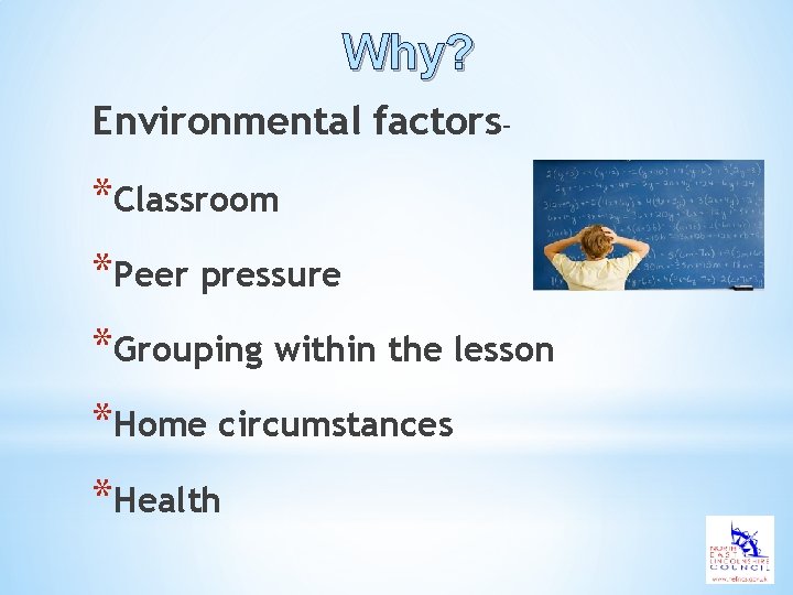 Why? Environmental factors– *Classroom *Peer pressure *Grouping within the lesson *Home circumstances *Health 