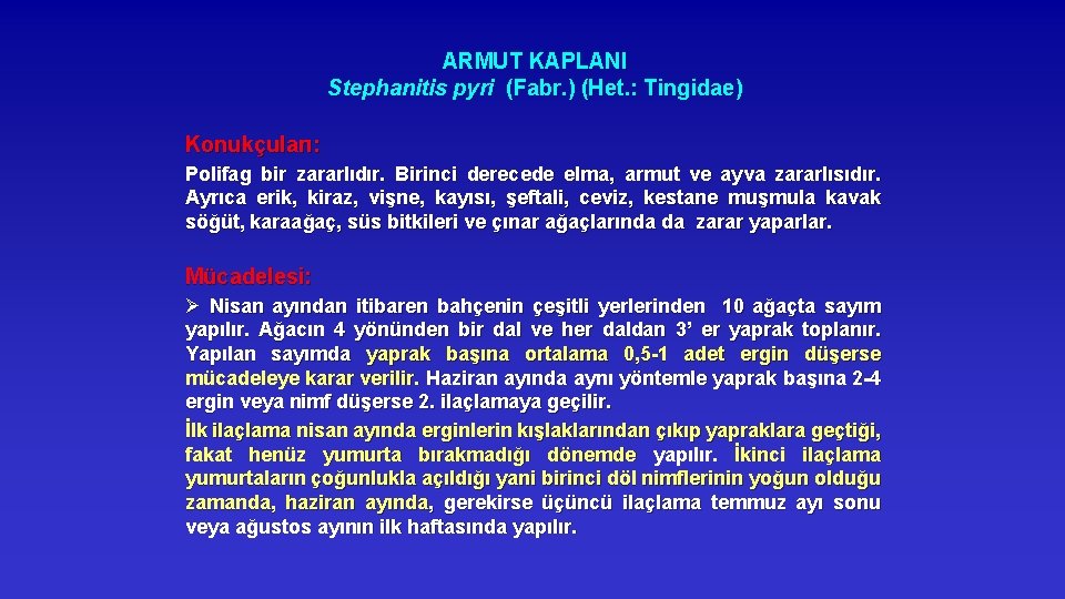 ARMUT KAPLANI Stephanitis pyri (Fabr. ) (Het. : Tingidae) Konukçuları: Polifag bir zararlıdır. Birinci