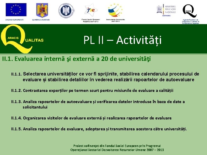 PL II – Activități II. 1. Evaluarea internă şi externă a 20 de universităţi PL II – Activități II. 1. Evaluarea internă şi externă a 20 de universităţi