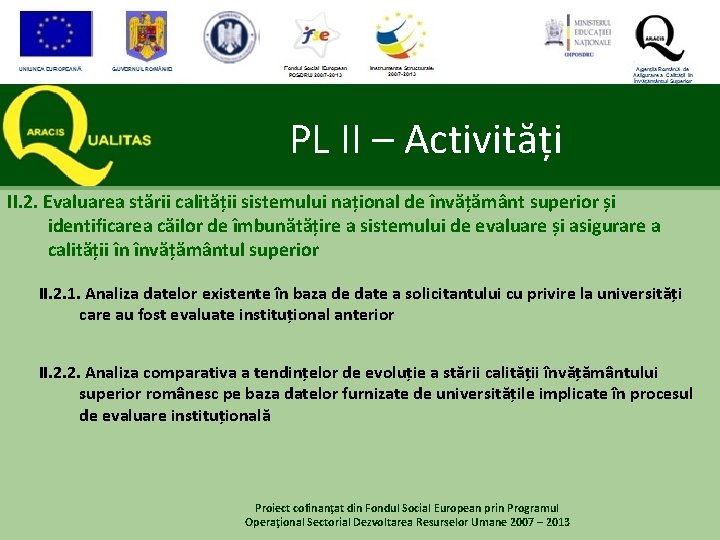 PL II – Activități II. 2. Evaluarea stării calității sistemului național de învățământ superior PL II – Activități II. 2. Evaluarea stării calității sistemului național de învățământ superior