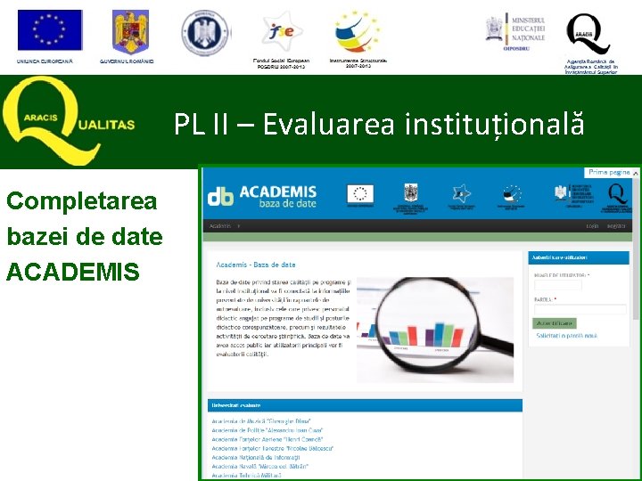 PL II – Evaluarea instituțională Completarea bazei de date ACADEMIS Proiect cofinanţat din Fondul PL II – Evaluarea instituțională Completarea bazei de date ACADEMIS Proiect cofinanţat din Fondul