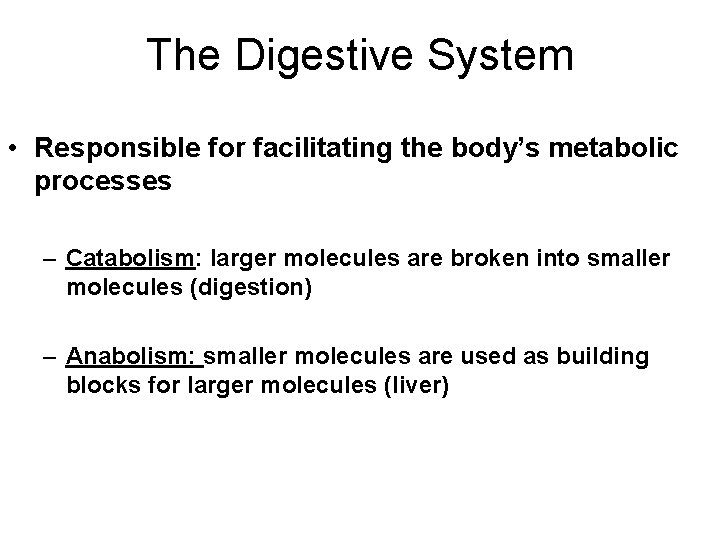 The Digestive System • Responsible for facilitating the body’s metabolic processes – Catabolism: larger