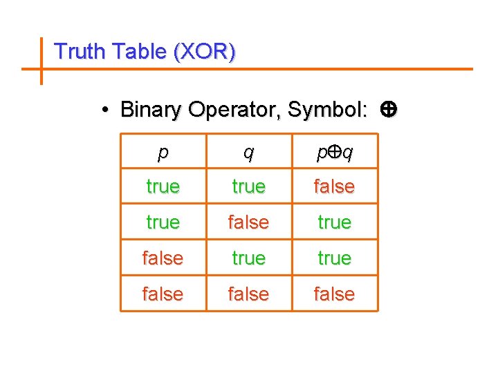 Truth Table (XOR) • Binary Operator, Symbol: p q true false true false 