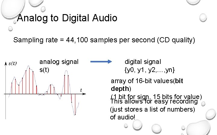 Analog to Digital Audio Sampling rate = 44, 100 samples per second (CD quality)