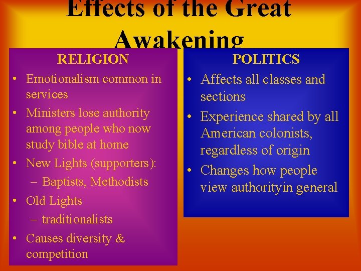 Effects of the Great Awakening RELIGION • Emotionalism common in services • Ministers lose