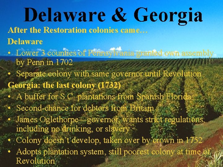 Delaware & Georgia After the Restoration colonies came… Delaware • Lower 3 counties of