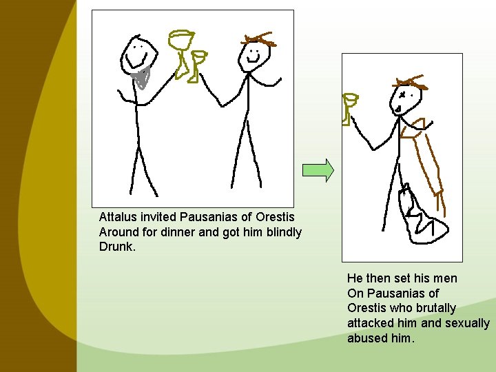Attalus invited Pausanias of Orestis Around for dinner and got him blindly Drunk. He