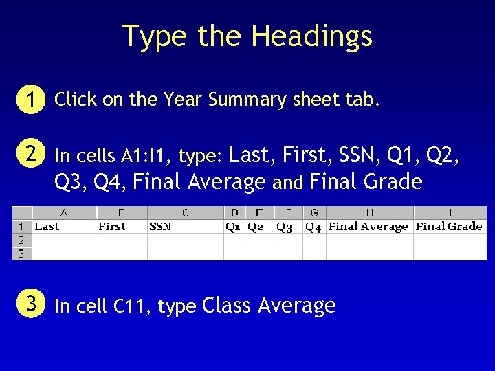 Type the Headings 1 Click on the Year Summary sheet tab. 2 In cells