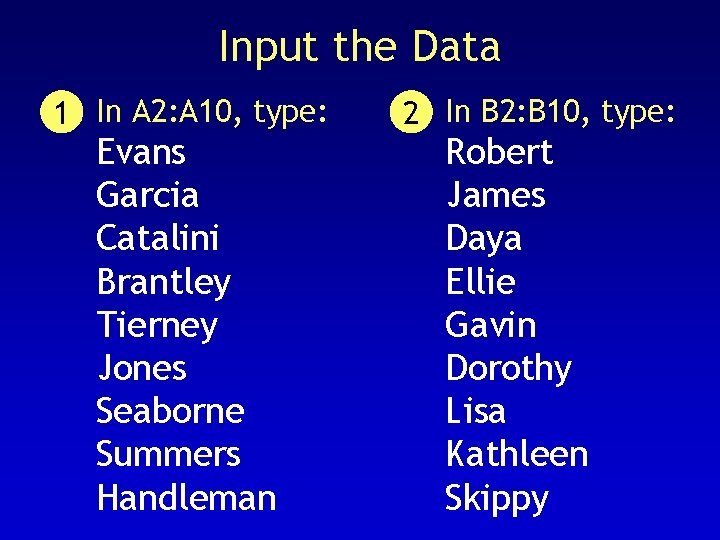 Input the Data 1 In A 2: A 10, type: Evans Garcia Catalini Brantley