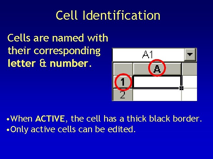 Cell Identification Cells are named with their corresponding letter & number • When ACTIVE,