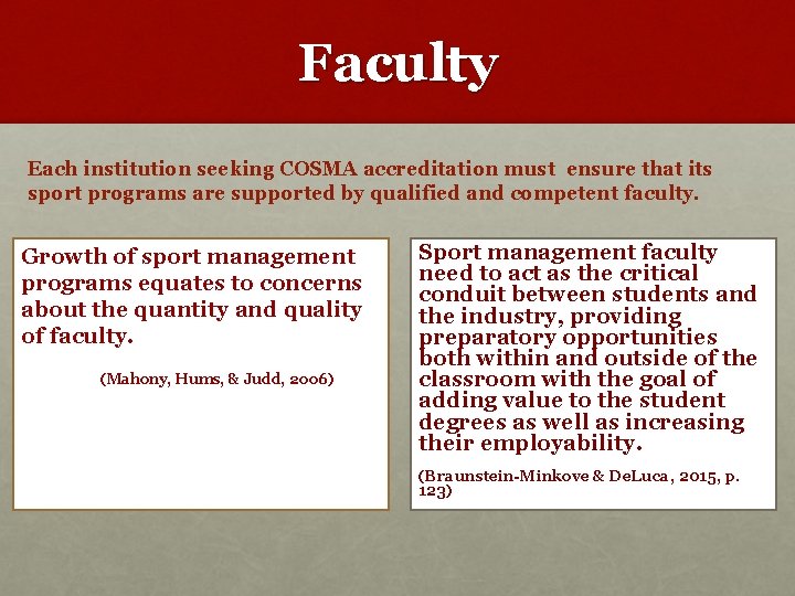 Faculty Each institution seeking COSMA accreditation must ensure that its sport programs are supported