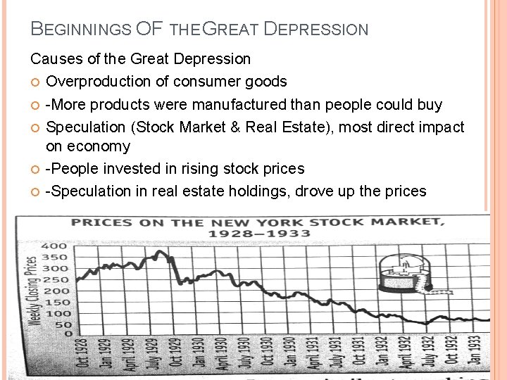 BEGINNINGS OF THE GREAT DEPRESSION Causes of the Great Depression Overproduction of consumer goods