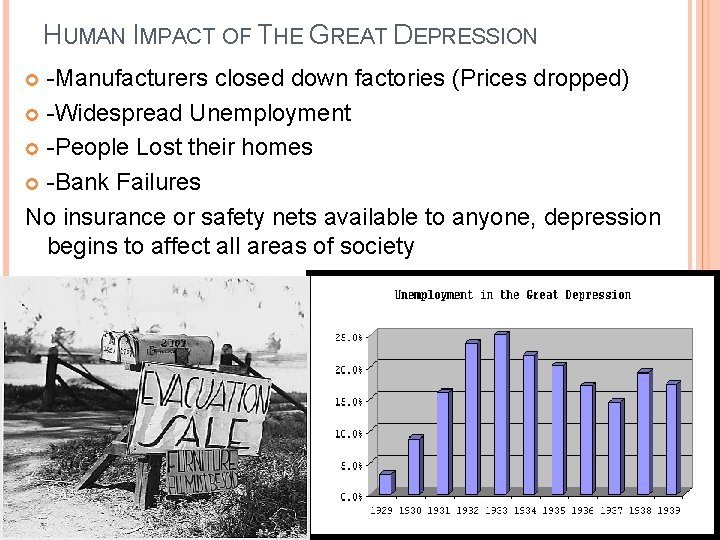 HUMAN IMPACT OF THE GREAT DEPRESSION -Manufacturers closed down factories (Prices dropped) -Widespread Unemployment