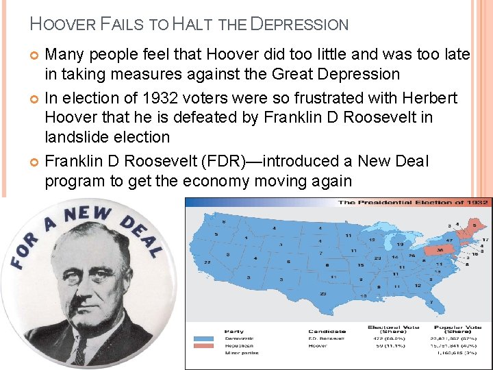 HOOVER FAILS TO HALT THE DEPRESSION Many people feel that Hoover did too little