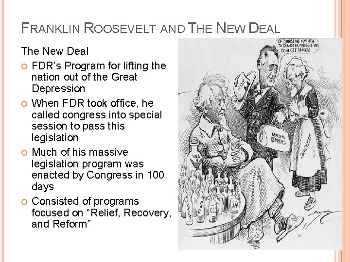 FRANKLIN ROOSEVELT AND THE NEW DEAL The New Deal FDR’s Program for lifting the